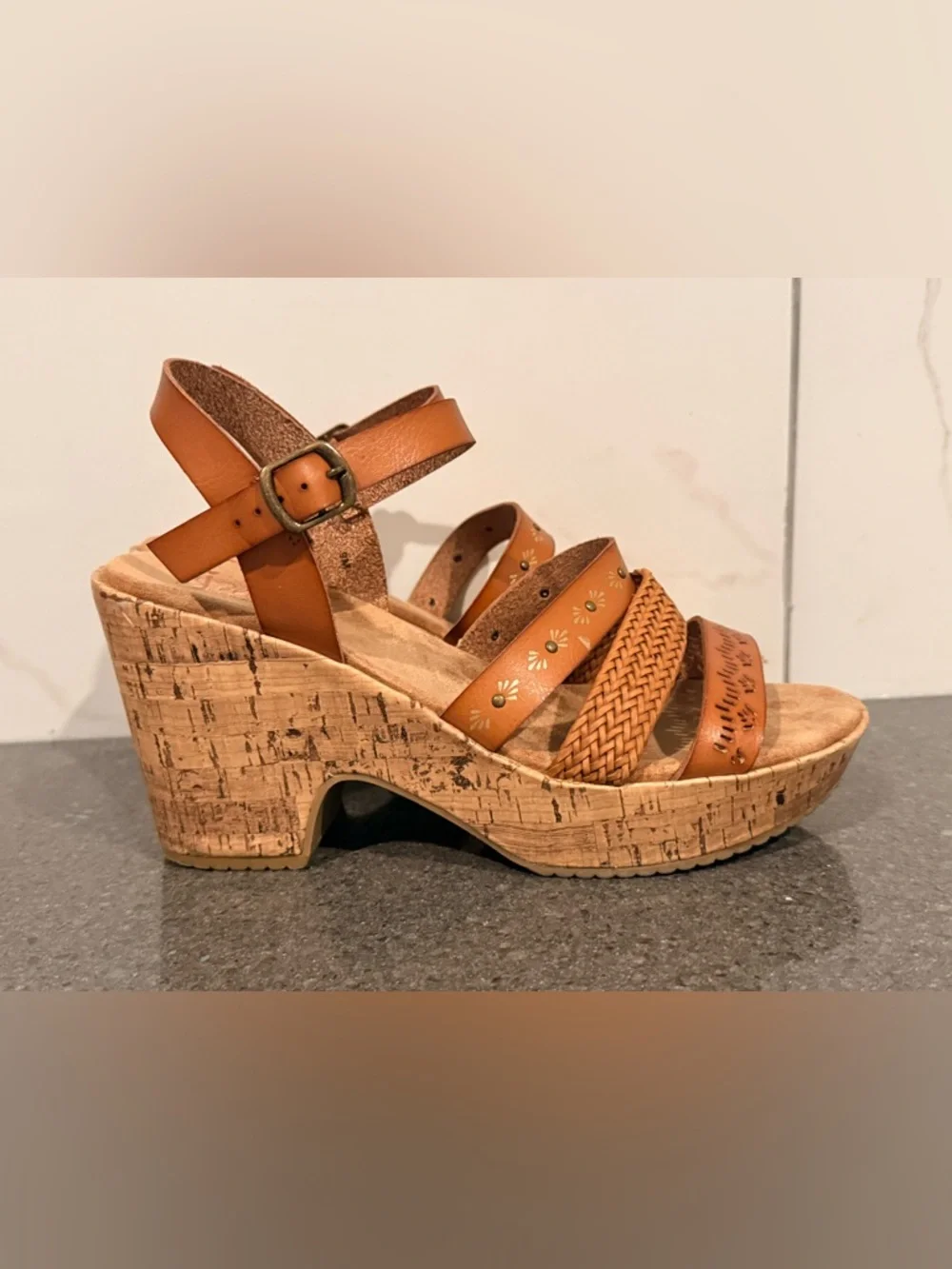 Jelly Pop Memory Foam Woven Tan Cork Wedge Sandals with Buckle Strap - Picture 3 of 11